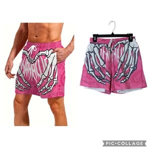 ROMWE Pink Swim Trunks with Skeleton Hands Print Lined Size Small